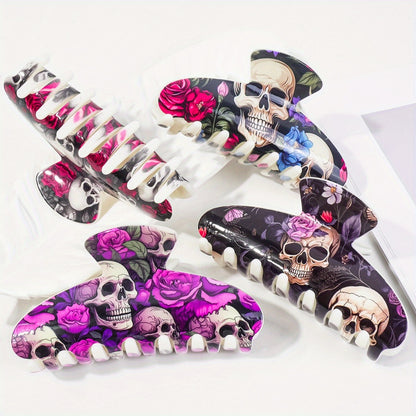 [Stylish Skull Hair Clips] 2pcs Stylish Women's Halloween Skull Hair Clips | Semi-High Back Scrunchies, Resin Shark Clips, Non-Slip Strong Fashionable Hair Accessories, Suitable for Festivals, Parties, Daily Use and Gifts