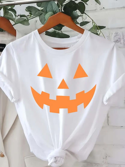 [Halloween Pumpkin T-Shirt] Halloween Pumpkin Graphic T-Shirt for Women | Casual Crew Neck Short Sleeve Top, 95% Polyester 5% Elastane, Knit Fabric, All Seasons, 200gsm - Black