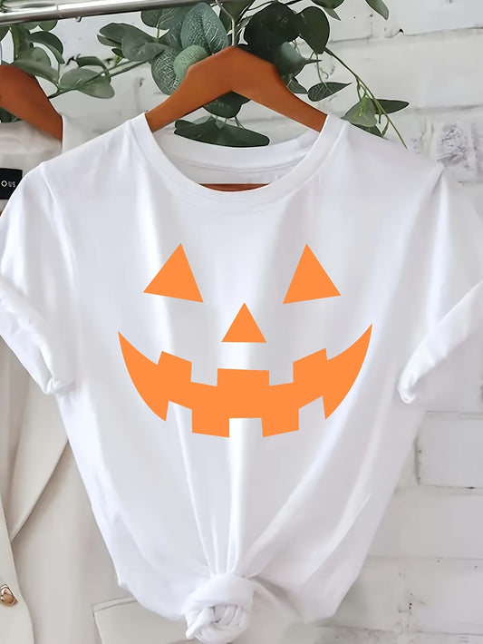 [Halloween Pumpkin T-Shirt] Halloween Pumpkin Graphic T-Shirt for Women | Casual Crew Neck Short Sleeve Top, 95% Polyester 5% Elastane, Knit Fabric, All Seasons, 200gsm - Black