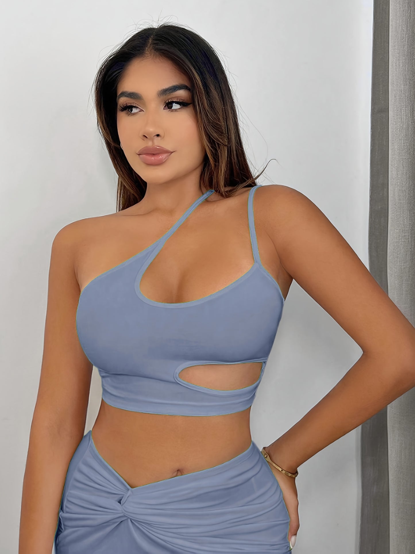 Women'S Sexy Neon Green One-Shoulder Cut-Out Crop Top - Stretchy Workout & Casual Wear, Perfect for Fitness, Parties, and Casual Attire, Fitness Apparel | Neon Green Top | Cutout Design, Gym Clothes