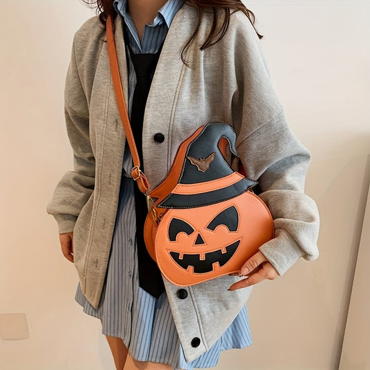 [Halloween Accessories] Halloween Pumpkin Crossbody Bag for Women - Large Capacity Synthetic Faux Leather Shoulder Purse with Adjustable Strap, Zipper Closure, and Festive Orange & Black Design, Halloween Accessories