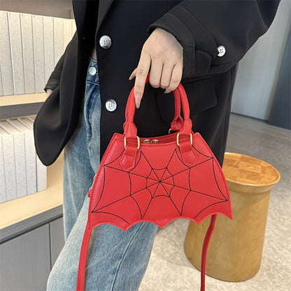Halloween Women'S Bat Wing Spider Web Handbag - Lightweight Synthetic Faux Leather Tote with Geometric Spider Web Design, Zipper Closure & Detachable Strap, Gothic Style for Daily Use or Party Outfits, Durable Polyester Linin