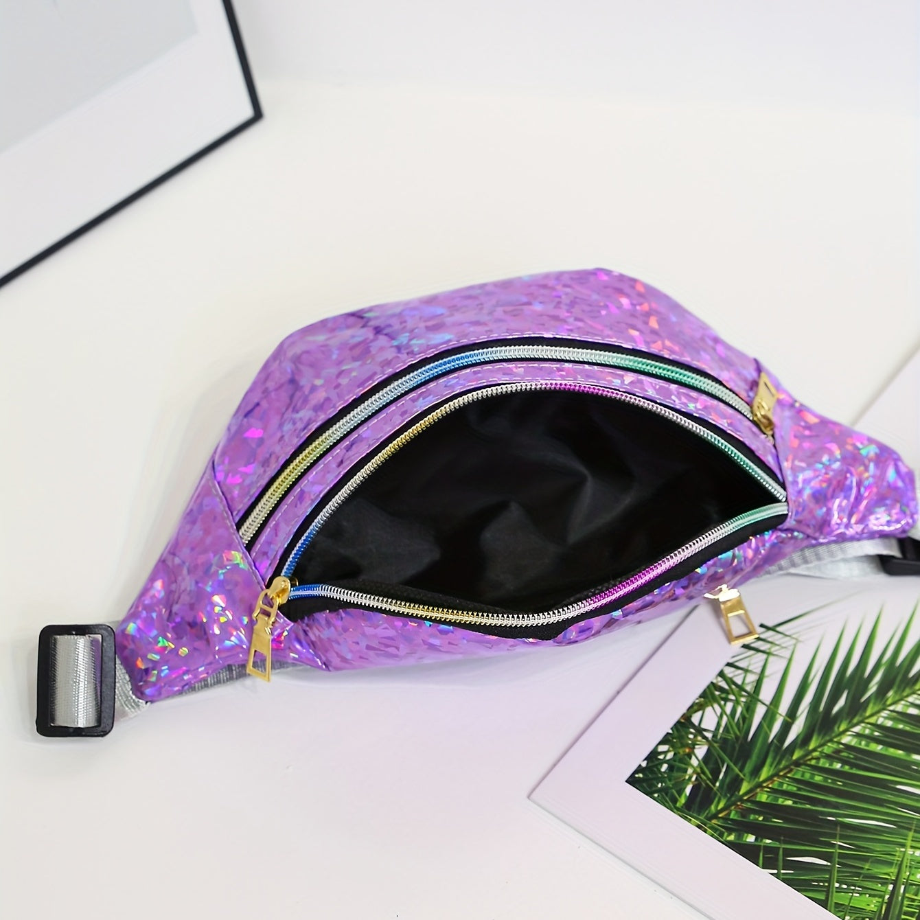 Holographic Sequin Waist Bag for Women - Stylish Crossbody Belt Bag with Adjustable Strap, Zipper Closure, And Glittery Purple, White, And Pink Patterns - Perfect for Outdoor Activities, Travel, And Everyday Fashion, Crossbod