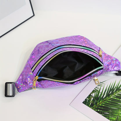 Holographic Sequin Waist Bag for Women - Stylish Crossbody Belt Bag with Adjustable Strap, Zipper Closure, And Glittery Purple, White, And Pink Patterns - Perfect for Outdoor Activities, Travel, And Everyday Fashion, Crossbod