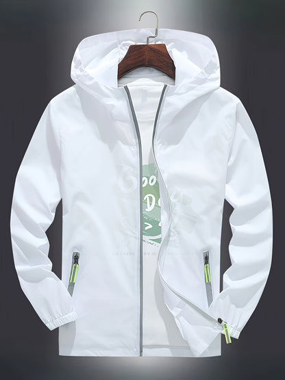 Men's Zip-Up Hooded Jacket - Breathable Reflective Outerwear for Gym, Cycling, Hiking & Beach Use - Lightweight Spring/Summer/Autumn Outdoor Wear with Zippered Storage Design. High-Quality Unisex Hoodie Perfect for Water Spor