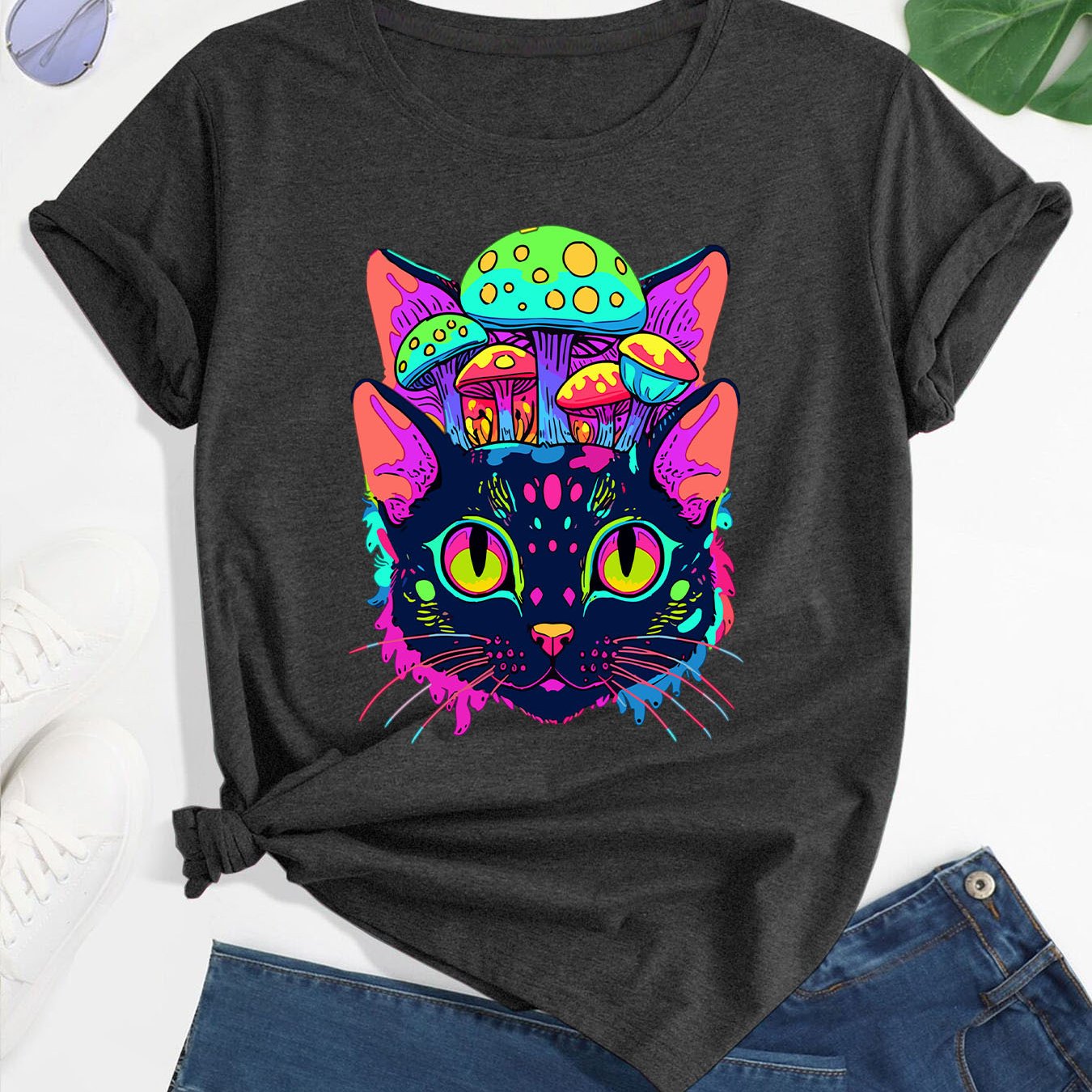 Women's Psychedelic EDM Rave T-Shirt - Black Trippy Cat & Mushroom Graphic Tee, Neon Colors Crew Neck Top for Festival Outfits, Casual Party Clothing - Machine Washable Summer Apparel, Festival Attire, Whimsical Clothing, Sho