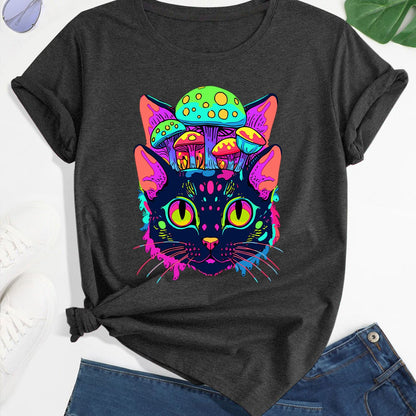 Women's Psychedelic EDM Rave T-Shirt - Black Trippy Cat & Mushroom Graphic Tee, Neon Colors Crew Neck Top for Festival Outfits, Casual Party Clothing - Machine Washable Summer Apparel, Festival Attire, Whimsical Clothing, Sho