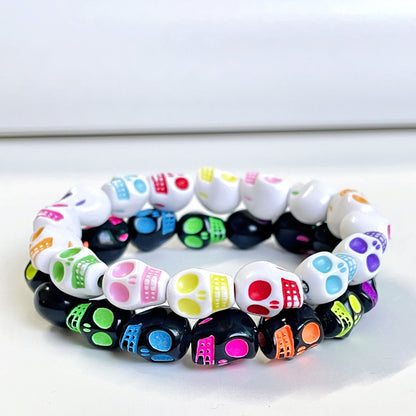 2pcs, Colorful Skull Head Elastic Line Resin Bracelet, Neutral Bracelet, Halloween, Suitable for Daily Wear, Gift Giving