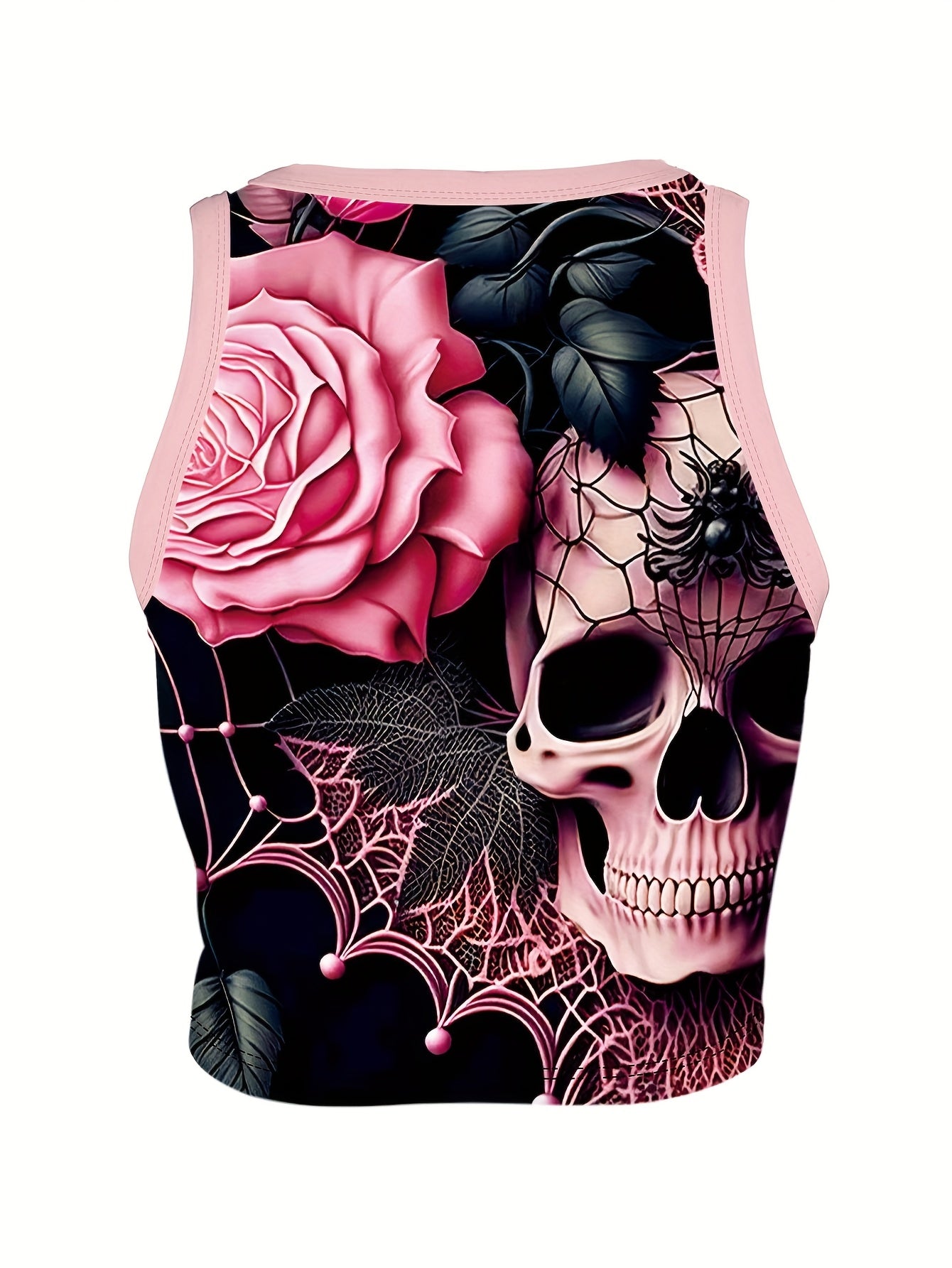 Women's Halloween Skull & Floral Spider Web Print Sexy Crop Top - Stretchy High Elasticity Short Sleeve Round Neck Summer Fashion Top, Machine Washable, Halloween Clothes
