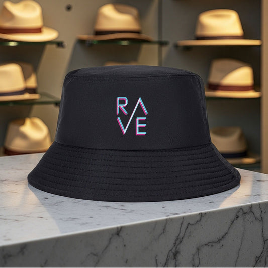 Rave Classic Unisex Bucket Hat - Breathable Polyester, Adjustable Fit, Neon "RAVE" Print, Casual Streetwear for Sports, Dance & Outdoor Activities, Black with Pink & Blue Neon Design, Dance Accessory | Adjustable Fit Hat | Po