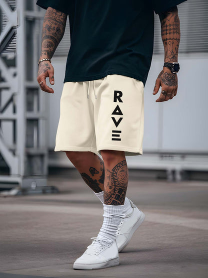 R V New Men's Summer Casual Shorts with RAVE Letter Print - Light Grey Regular Fit Outdoor Sports & Beach Vacation Shorts, American Fashion Trendy Lightweight Comfortable Design, Beach Vacation Apparel | Fashionable Casualwea