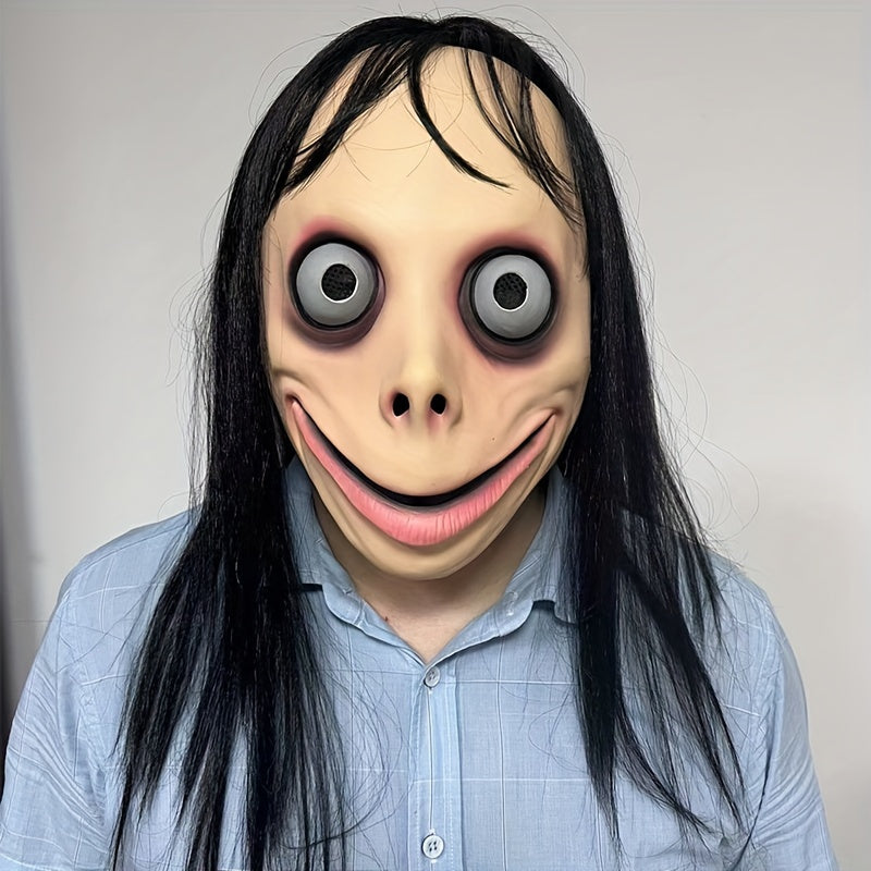 1pc MOMO Mask for Adult Horror Devil Mask with Long Hair, Scary Costume Halloween Creepy Cosplay Party Decoration Prop