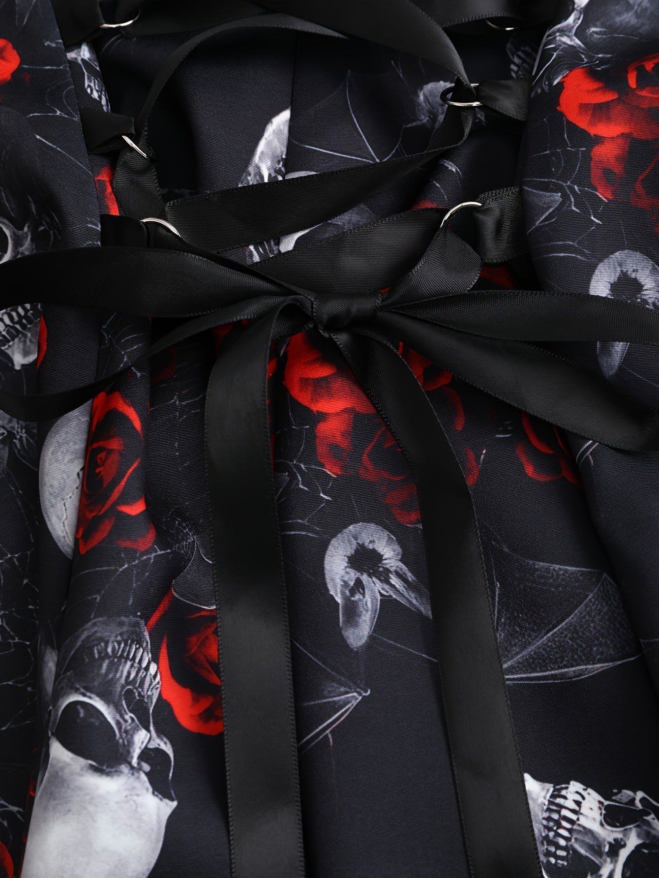 Women'S Gothic Rose Print Midi Dress with Back Zipper and Corset Detail - Casual Sleeveless A-Line Skirt, Black with White Floral Pattern, Elegant Halloween Attire