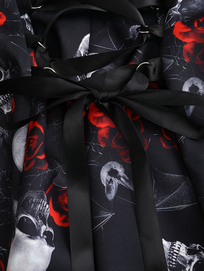 Women'S Gothic Rose Print Midi Dress with Back Zipper and Corset Detail - Casual Sleeveless A-Line Skirt, Black with White Floral Pattern, Elegant Halloween Attire