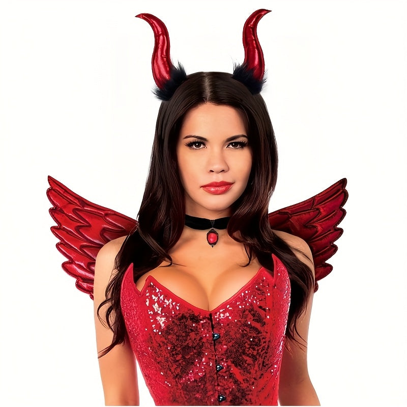 [Halloween] 4pcs Halloween Devil Costume Set, Red Sexy Halloween Costumes Demon Horn Headband, Demonic Wings, Antique Like Pendant Collar Necklace, Lace Arm Sleeves Cosplay Costume Accessories for Women