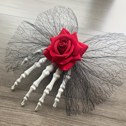 [Gothic Skull Hair Clip] 1pc Vintage-Style Gothic Skull Hair Clip with Faux Roses And Lace | Fashionable Side Hairpin for Spooky Vibe, Perfect for Parties And Everyday Wear