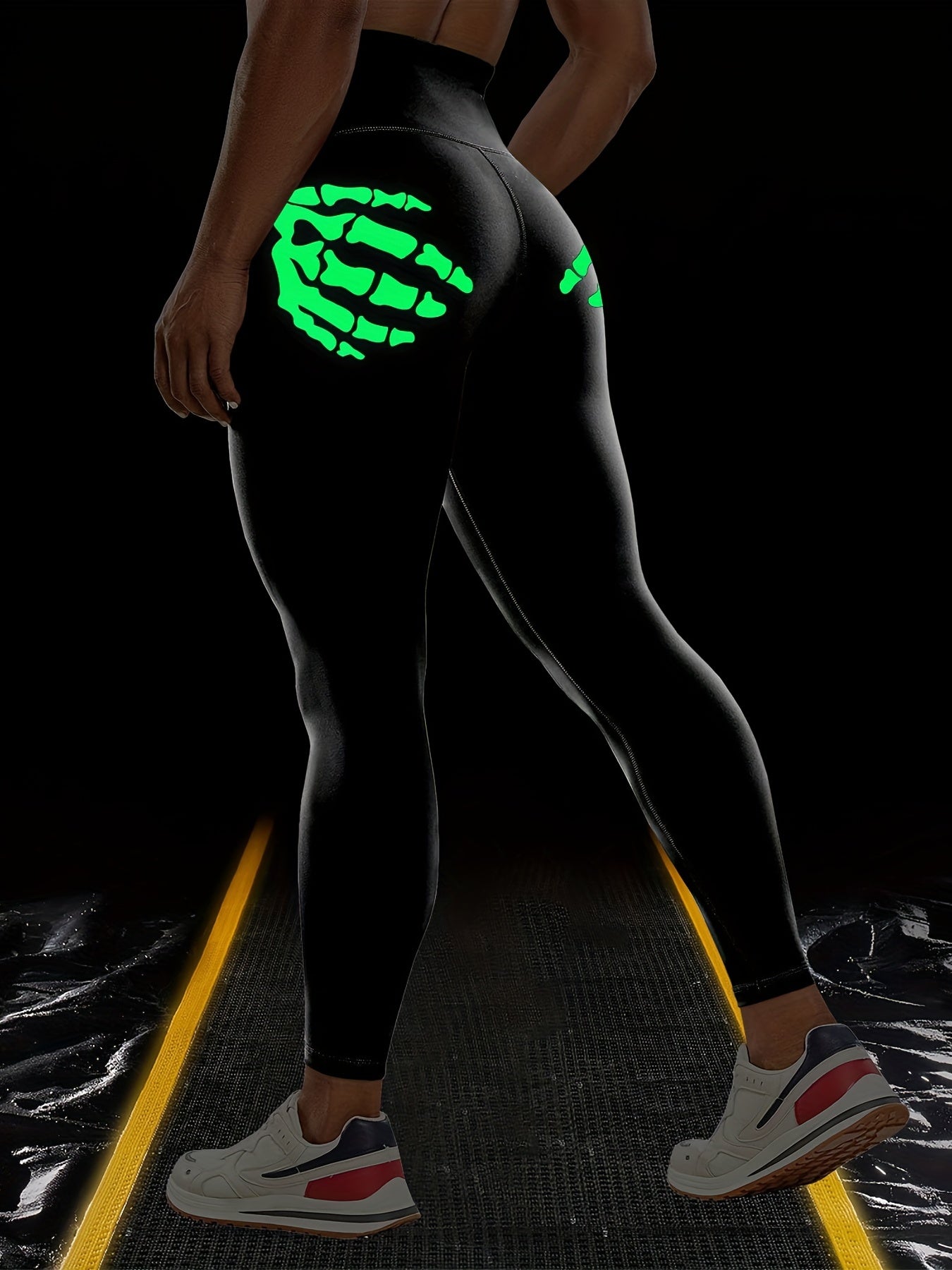 Halloween Fluorescent Skeleton Hands Printed Sports Yoga Leggings, High Waist Workout Running Sports Tight Pants, Women's Activewear Carnaval for carnival & Music Festival
