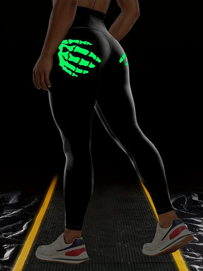 Halloween Fluorescent Skeleton Hands Printed Sports Yoga Leggings, High Waist Workout Running Sports Tight Pants, Women's Activewear Carnaval for carnival & Music Festival