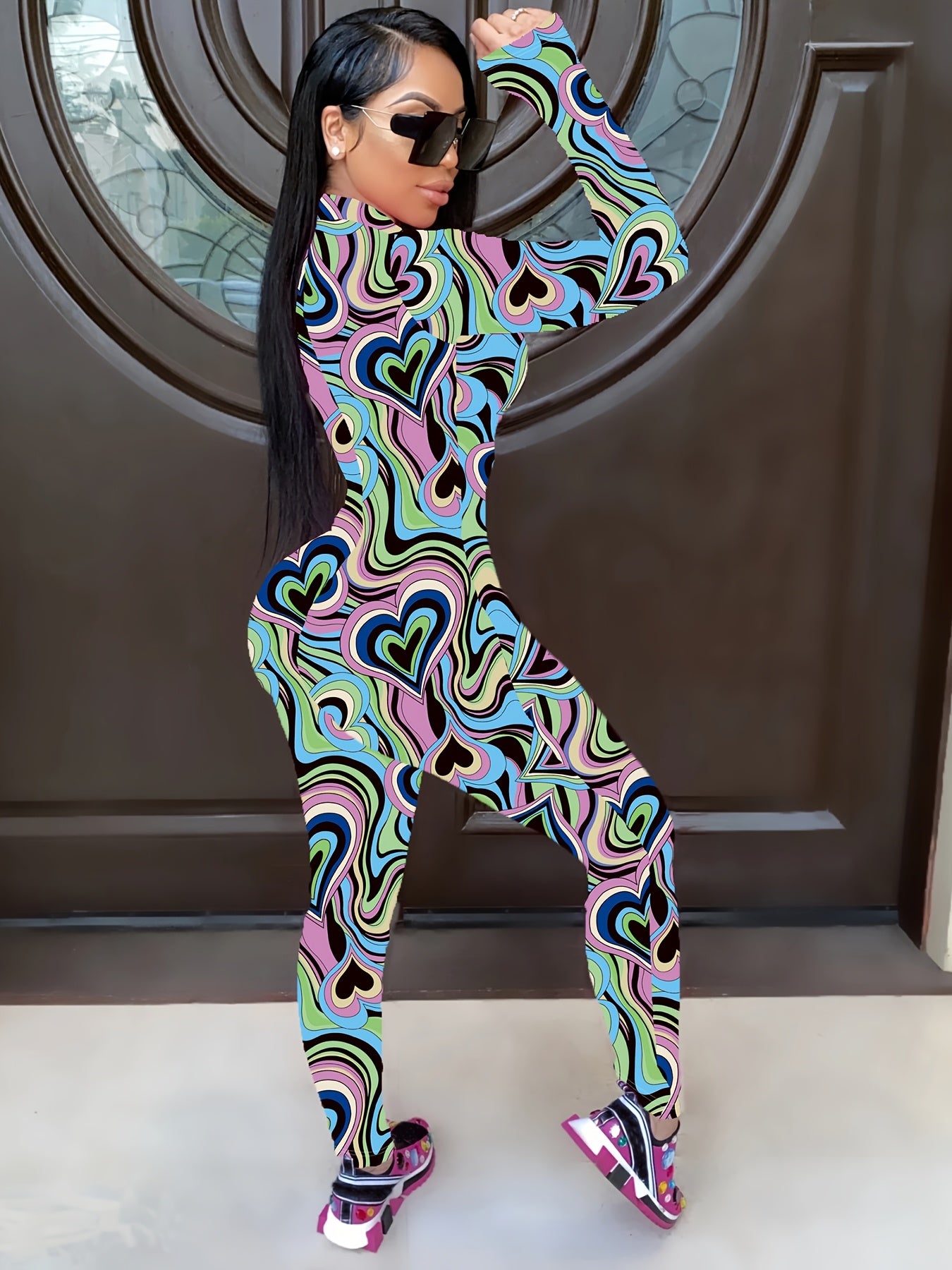 Colorful Long-Sleeve Jumpsuit with Heart-Shaped Print