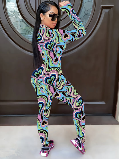 Colorful Long-Sleeve Jumpsuit with Heart-Shaped Print