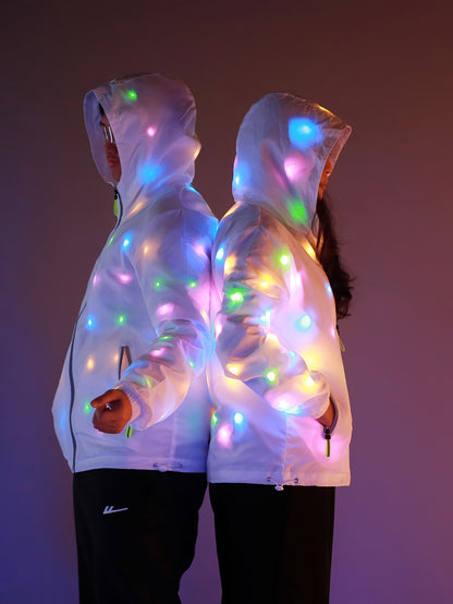 Colorful Glowing Clothing, a Stunning White Jacket, Party Hoodies, And Cool Club Outfits.