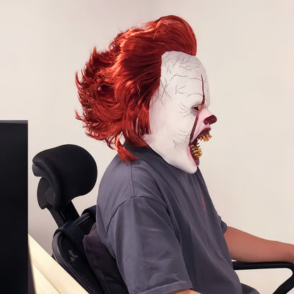 [Scary Clown Horror Mask] Realistic Menacing Halloween Clown Horror Mask | Light Beige, Red Hair, Sharp Teeth - Latex Full Face Mask for Halloween Pranks, Haunted Houses, Scary Performances - Adult Costume Makeup, Detailed Cr