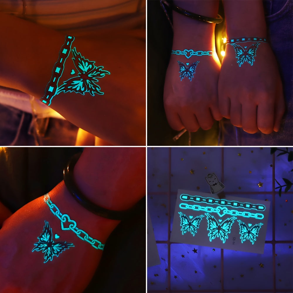 12 Sheets Luminous Glow in the Dark Temporary Tattoos - Waterproof Fake Tattoo Stickers with Butterfly & Floral Designs, Neon Blue Glow for Nightclub, Festival, Party Decoration, Festival Body Art | Mystical Design Elements |
