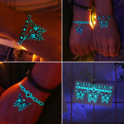 12 Sheets Luminous Glow in the Dark Temporary Tattoos - Waterproof Fake Tattoo Stickers with Butterfly & Floral Designs, Neon Blue Glow for Nightclub, Festival, Party Decoration, Festival Body Art | Mystical Design Elements |