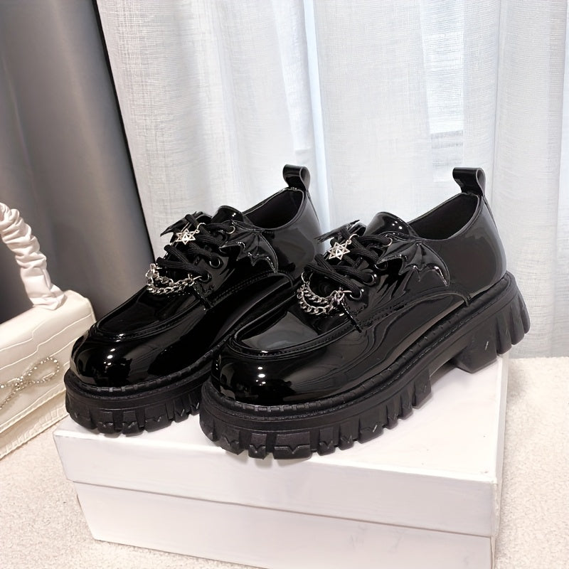 [Goth Bat Wing Flats] Goth Bat Wing Design Women's Stylish Black Lace-Up Flats | Silvery Star Charms & Chain Detail, Thick Rubber Sole, All-Season Comfort, Sweet & Edgy Fashion Statement
