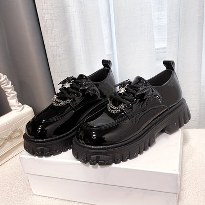 [Goth Bat Wing Flats] Goth Bat Wing Design Women's Stylish Black Lace-Up Flats | Silvery Star Charms & Chain Detail, Thick Rubber Sole, All-Season Comfort, Sweet & Edgy Fashion Statement