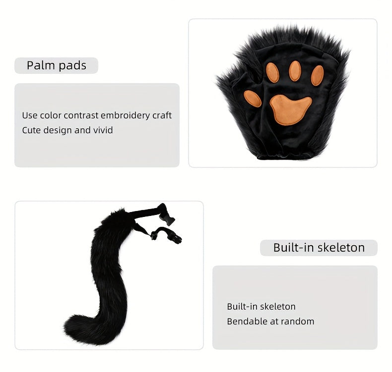 [Halloween Christmas] 4pcs Set, Adjustable Faux Fox Fur Mask Costume - Bendable Tail, Ears Headband and Gloves - Halloween/Christmas Role Play, Carnival Party, Without Battery