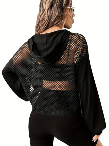 Hollow Out Drawstring Hoodies, Sexy Solid Long Sleeve Sweatshirt, Women's Clothing