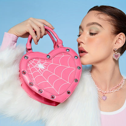 Spider Web Print Heart-Shaped Crossbody Bag for Women - Adjustable Detachable Strap, Zipper Closure, Gothic Handbag in Pink/Black, Y2K Rock Punk Style for Halloween, Music Festivals & Role Play, Spiderweb Purse, Halloween Acc