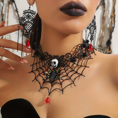 Gothic Punk Handcrafted Halloween Jewelry Set - 3 Piece Black Lace Spider Web Skull Choker and Earrings, Unique No Plating Polyester Accessory for Women, Perfect for Daily Wear and Festival Celebrations