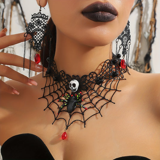 Gothic Punk Handcrafted Halloween Jewelry Set - 3 Piece Black Lace Spider Web Skull Choker and Earrings, Unique No Plating Polyester Accessory for Women, Perfect for Daily Wear and Festival Celebrations