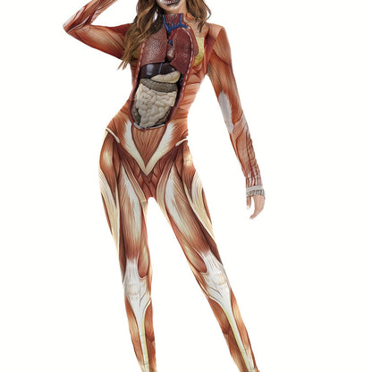 Women'S Halloween Skeleton Costume - Stretchy Bodycon Jumpsuit with Stand Collar, Long Sleeves & High-Low Hem, Form-Fitting Stretchy Fabric for Halloween Parties, Carnivals & Themed Events, Halloween Costumes, Carnival Attire