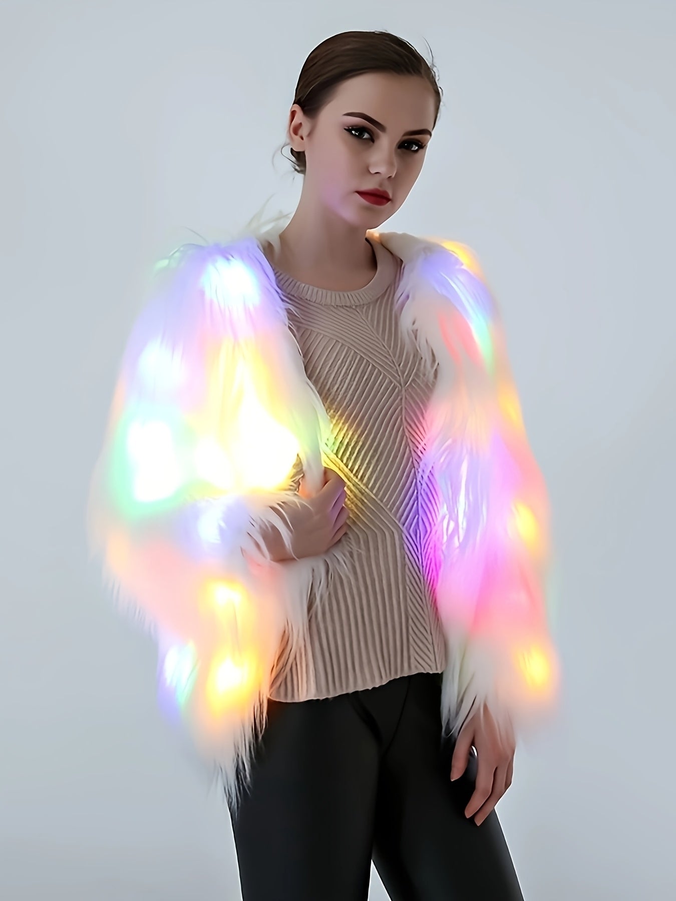 Elegant LED Faux Fur Coat for Women - Fashionable, Night-Lighting, Fall/Winter, Polyester, Non-Stretch, Solid Color, Regular Sleeve, Long Sleeve, No Belt, Pocket, Single Breasted Placket, Weekend Casual, Regular Fit, Adult, A