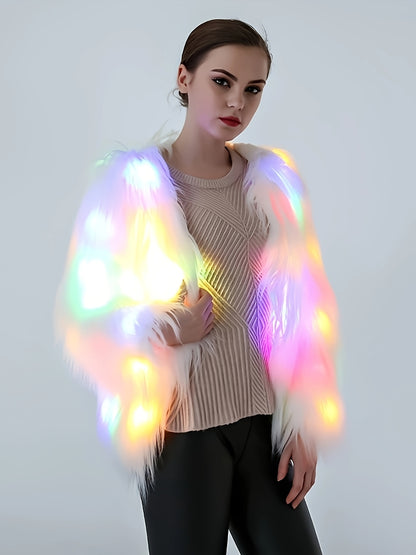 Elegant LED Faux Fur Coat for Women - Fashionable, Night-Lighting, Fall/Winter, Polyester, Non-Stretch, Solid Color, Regular Sleeve, Long Sleeve, No Belt, Pocket, Single Breasted Placket, Weekend Casual, Regular Fit, Adult, A