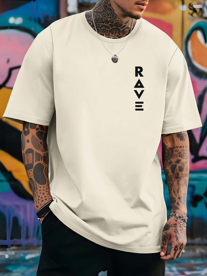 R V Men's Short Sleeve T-Shirt - Vibrant Yellow with Bold RAVE Graphic Print, Breathable Round Neck Casual Top for Summer Beach Resorts & Outdoor Activities