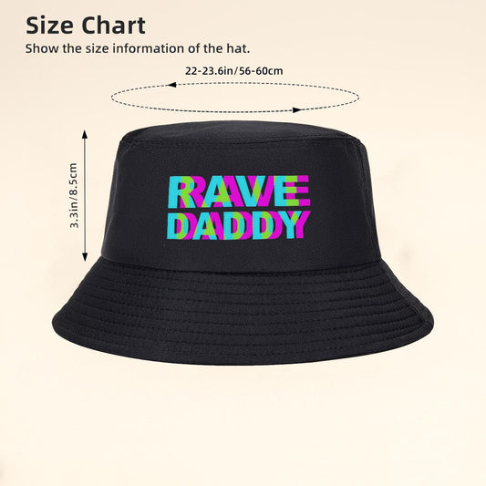 Vibrant Neon Rave "RAVE DADDY" Bucket Hat - Black with Colorful Lettering, Wide Brim for Summer Sun Protection, Foldable & Lightweight, Perfect for Beach, Hiking, Travel - Stylish Outdoor Cap, Beach Hat
