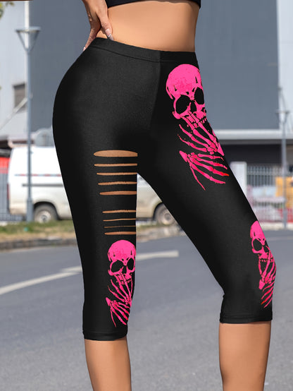 [Gothic Punk Capri Pants] Stylish High-Waisted Skinny Capri Pants for Women - Stretchy Non-See-Through, Elastic Waistband, Black & Pink Gothic Punk Chic Look | Machine Washable, Party Wear, Bold Print, Durable Material, Fashi