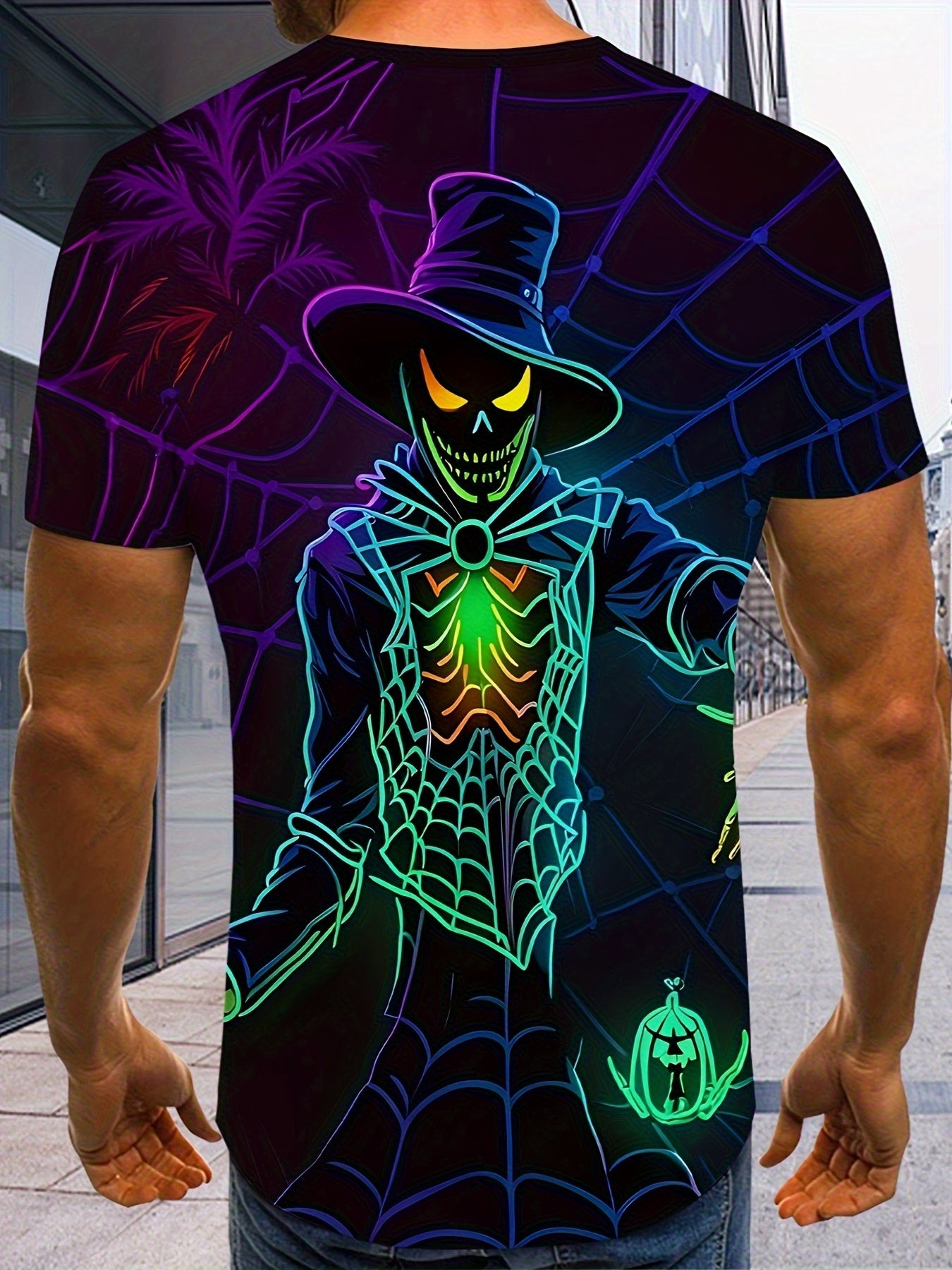 [Glow In Dark Halloween Tee] Glow In Dark Men's Halloween T-Shirt | Spider Web Monster Graphic Tee with Purple/Black/Teal Glow - Lightweight Knit Fabric, Regular Fit for Costume Parties, Casual Attire, Halloween Outfits, Part
