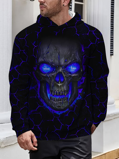 Men's 3D Skull Print Hoodie - Edgy Blue Glowing Eyes Design, Long Sleeve, Casual & Sporty, Polyester Blend, Machine Washable for Fall/Winter, Skull Hoodie