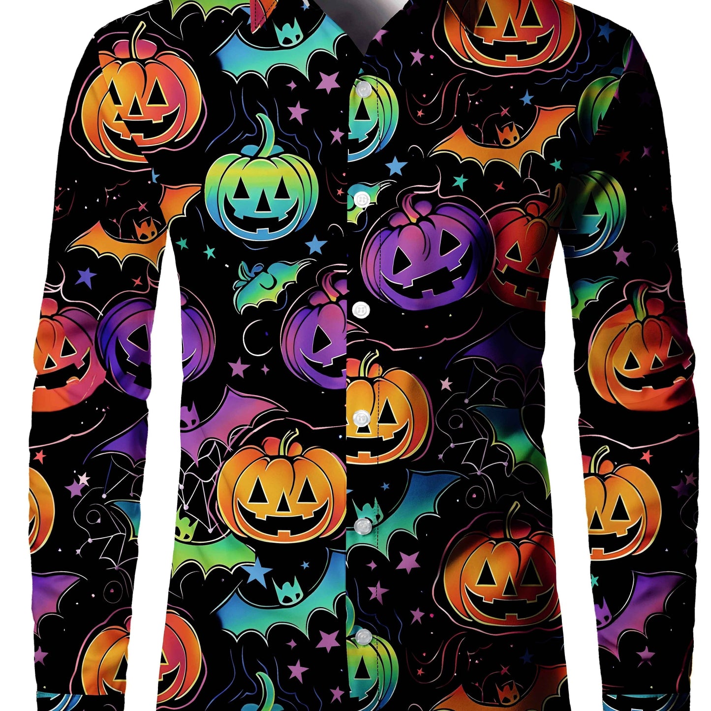 [Festive Halloween Shirt] Polyester Men's Festive Long Sleeve Shirt - Vibrant Halloween-Themed Pumpkin & Bat Print, Button-Up with Chest Pocket, Ideal for Fall/Winter Celebrations, Halloween Decorations