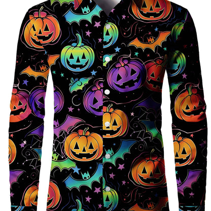 [Festive Halloween Shirt] Polyester Men's Festive Long Sleeve Shirt - Vibrant Halloween-Themed Pumpkin & Bat Print, Button-Up with Chest Pocket, Ideal for Fall/Winter Celebrations, Halloween Decorations