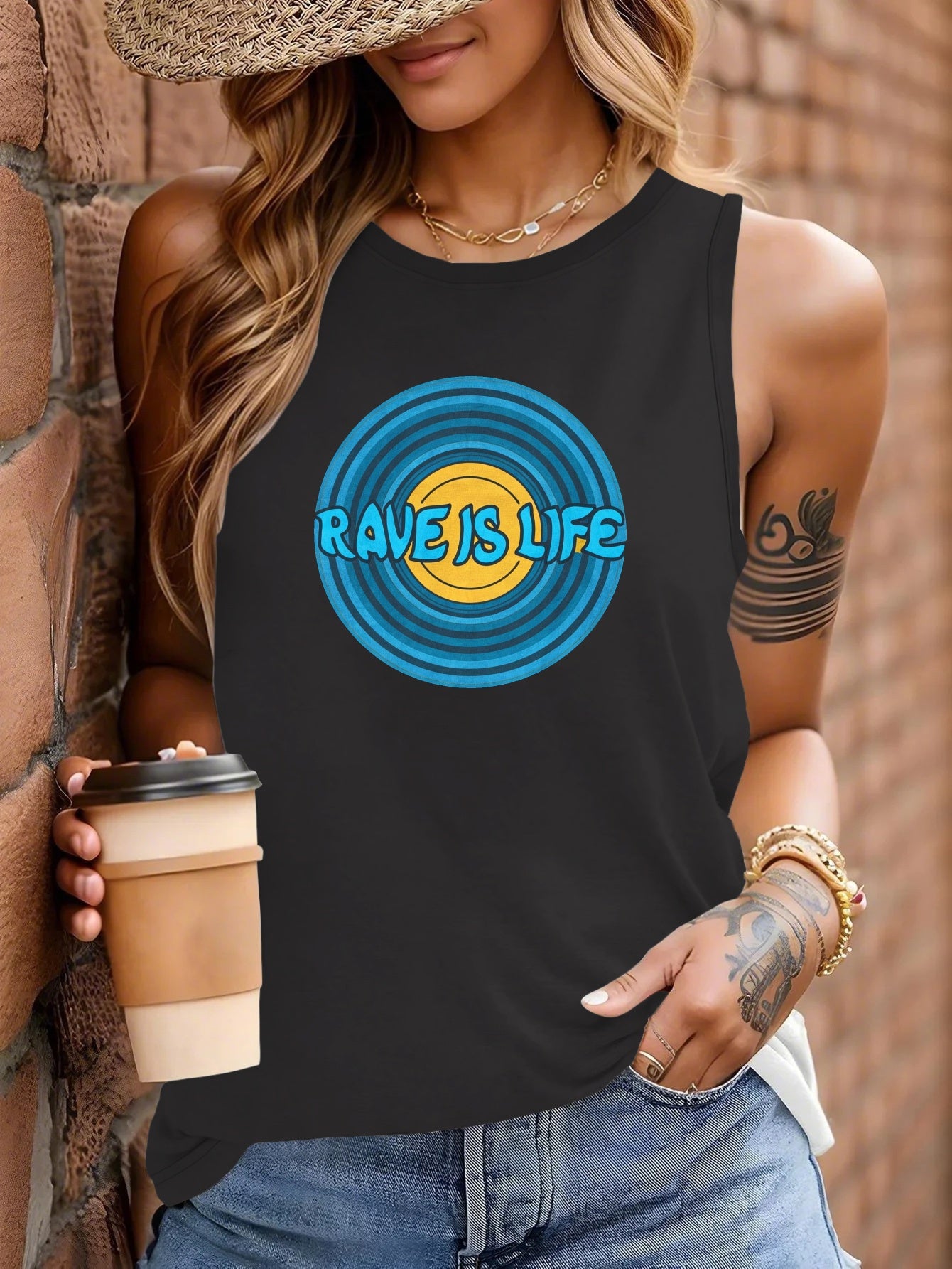 Rave Is Life Women's Sleeveless Vest - Vibrant Red Geometric Circular Design, Casual Round Neck, Machine Washable All-Season Wear for Festivals, Parties & Everyday Outfits, Rave Accessories, Festival Outfit, Bold Graphic, Lig
