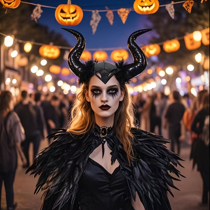 3pcs Devil Costume Accessory Set for Men and Women, Including Demon Horn Headband, Gothic Black Faux Feather Cape, and Gothic Lace Necklace; Perfect for Halloween, Role Play, Masquerade Parties, Demon Queen Makeup, and Wizard