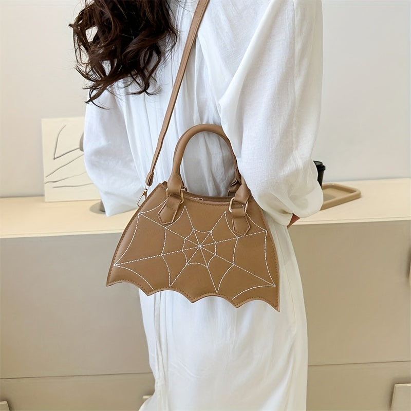 Halloween Women'S Bat Wing Spider Web Handbag - Lightweight Synthetic Faux Leather Tote with Geometric Spider Web Design, Zipper Closure & Detachable Strap, Gothic Style for Daily Use or Party Outfits, Durable Polyester Linin
