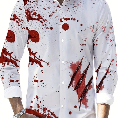 Scary Blood & Handprint Pattern Men's Long Sleeve Lapel Shirt, Men's Halloween Style Clothing For Spring Fall