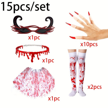 [Vampire Cosplay Set] 2/15pcs/set Halloween Vampire Cosplay Costume Accessories Set | Blood-Dripping Collar, Gloves, Long Stockings - Festival Role-Playing Outfit Decorations, Bat Costume Gift, Party Supplies for Events, Part